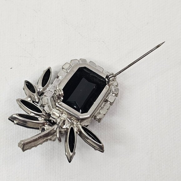 Vintage Silver Tone Black AB Rhinestone Brooch Aurora Borealis Open Back - Picture 5 of 8